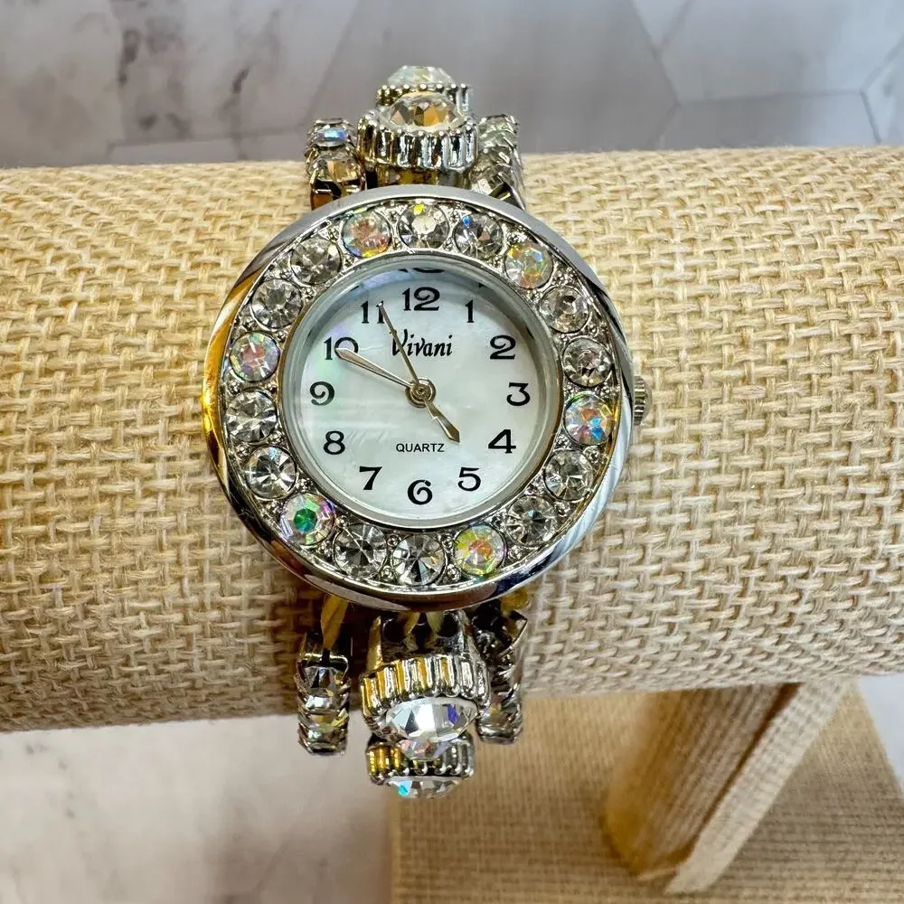 Vintage Vivani Quartz Stainless Steel AB Rhinestone 3 Strand Watch Runs READ